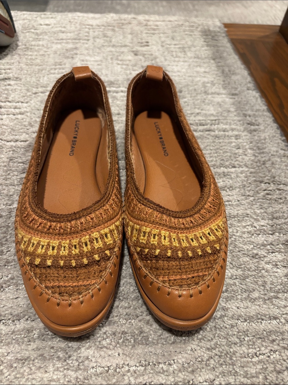 Lucky Brand Brown and Yellow Crochet Slip-On Flats 7.5
